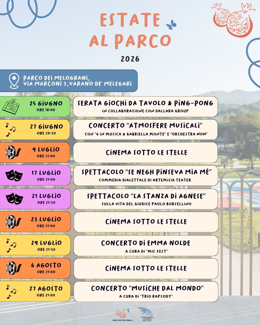 Calendario eventi estivi al Parco Dei Melograni di Varano de' Melegari