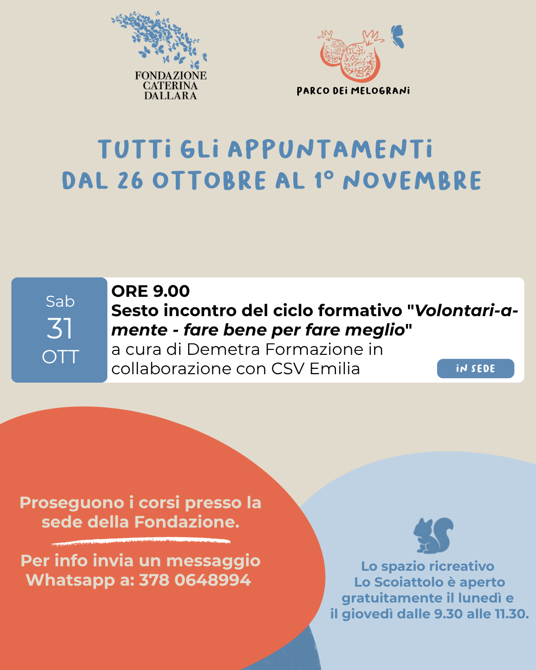 Calendario eventi da 26 ottobre in Fondazione Caterina Dallara